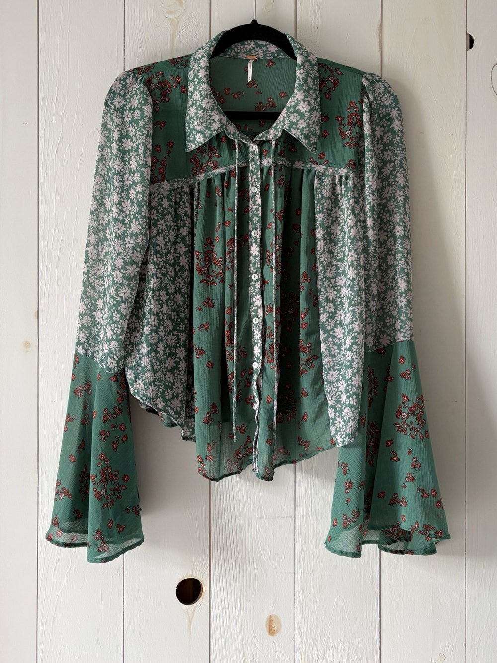 Free People Serena Emerald Green Sheer Floral Blouse Size Medium - Picture 3 of 11
